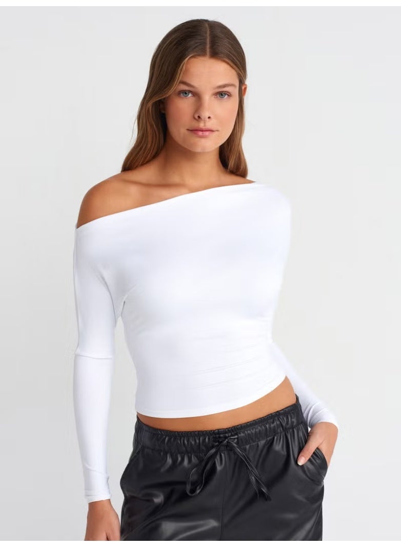Dilvin 31438 Long Sleeve Asymmetric Blouse-White - Image 4